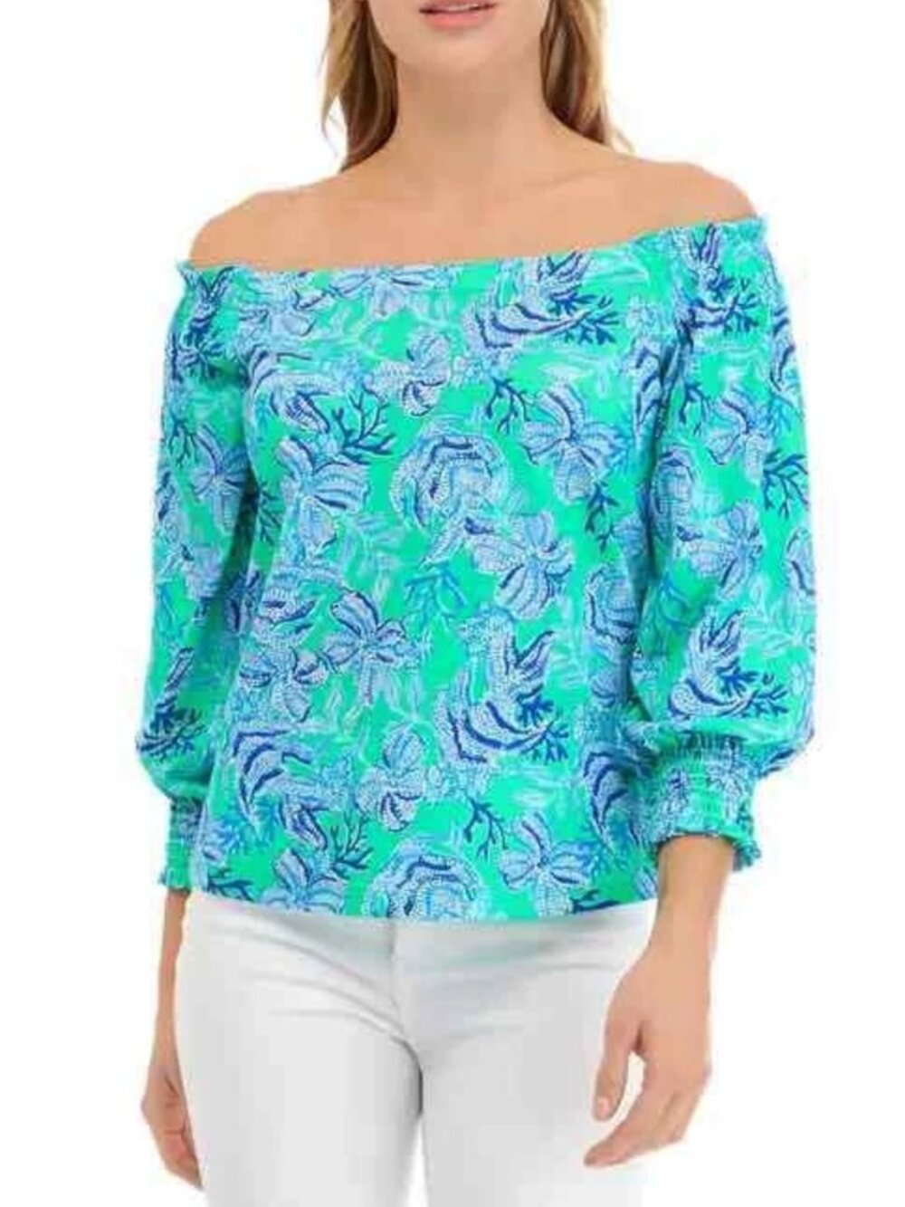 Lilly Pulitzer Lessa Off the Shoulder Top Cabana Green Keeping it Reel Size XXS